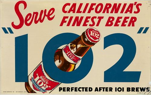 1953 Brew 102 Beer Tin Tacker Sign Los Angeles, California