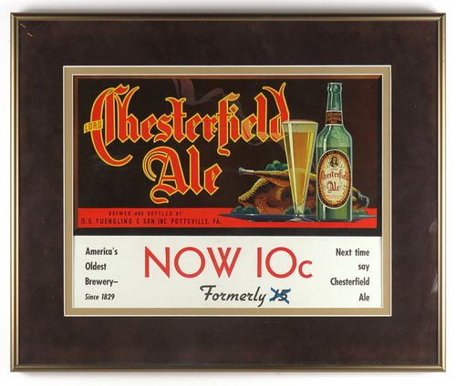 1944 Chesterfield Ale Framed Cardboard Sign Pottsville, Pennsylvania