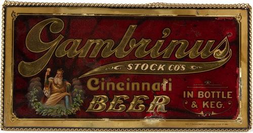 1913 Gambrinus Cincinnati Beer Reverse-Painted Glass Sign, Ohio