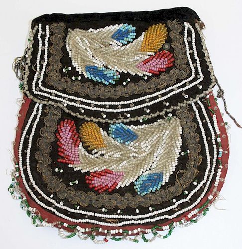 19th c NE Woodlands beaded cloth purse w/ cones & metallic tassels, chintzed interior, 7.5” x 7”