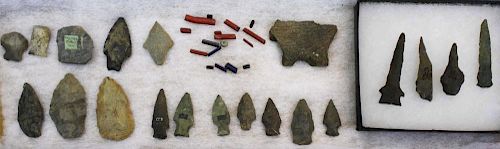 New York prehistoric lithic artifacts including arrowheads, drills, scrapers, pottery- 19 pcs plus b