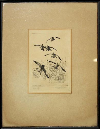 Etching of jacking ducks titled "In the Bag!" signed Richard Bishop 1940. 5½"x7½", 15"x19" framed.
