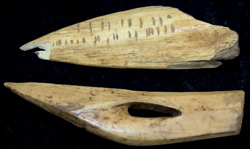 prehistoric King Island, Alaska whale ivory fishing harpoon head, length 5.5”, along w/ another King