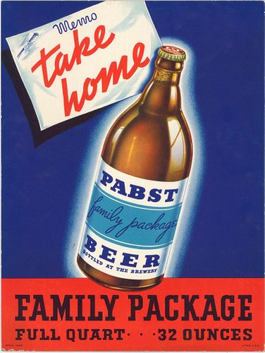 1937 Pabst Family Package Beer Cardboard Sign Milwaukee, Wisconsin