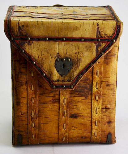 outstanding 19th c Adirondack birchbark box w/ tin plate escutcheon & red woven tape decoration, 14'