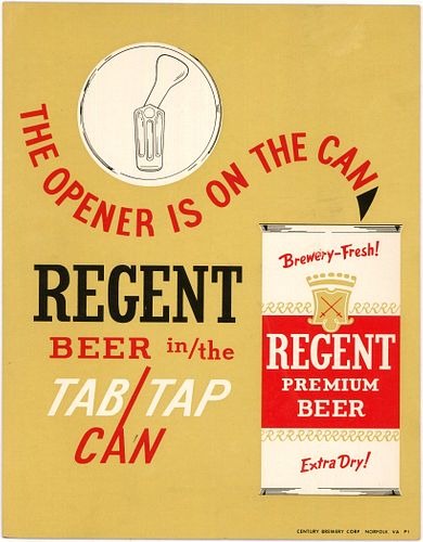 1964 Regent Premium Beer Tab Tap Can Easel-Back Sign Norfolk, Virginia