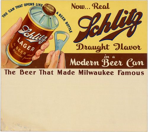 1935 Schlitz Beer Cone Top Can Cardboard Sign Milwaukee, Wisconsin