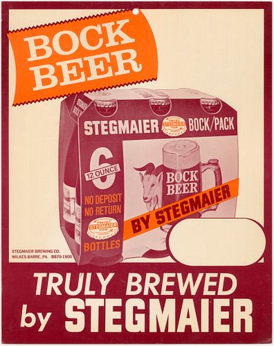1965 Stegmaier Bock Beer Easel-Back Sign Wilkes-Barre, Pennsylvania