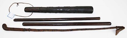 Lot 4 pcs. inch clover carved club or shillelagh, 19th c leather drumsticks and riding crop.