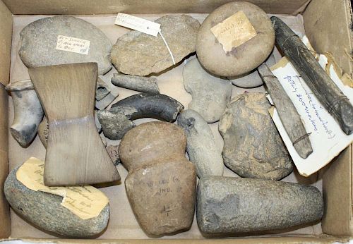 North American Native American lithic & pottery pcs incl axe head, pestle grindstone, bannerstone (w