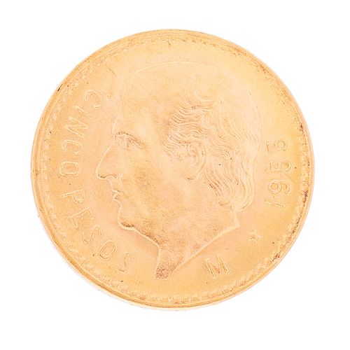 Moneda de 5 pesos en oro amarillo de 21k. Peso: 4.1 g.