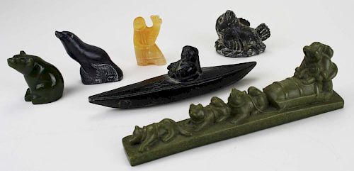 6 Inuit stone carvings & molded objects, various materials, hts & lengths 2.5” - 9”