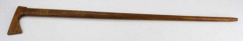 carved wooden cane w/ tomahawk head, length 34”