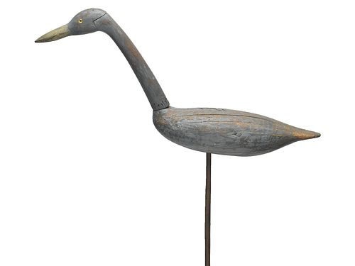 Early and important working blue heron decoy, Captain Al Ketchem, Long Island, New York, 2nd half 19th century.