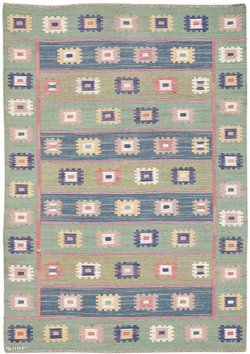 Vintage Märta Måås-Fjetterström featured Grön äng Flat Weave Carpet, Sweden, 1873-1941, signed AB MMF 9 ft 6 in x 6 ft 9 in (2.89m x 2.05m)