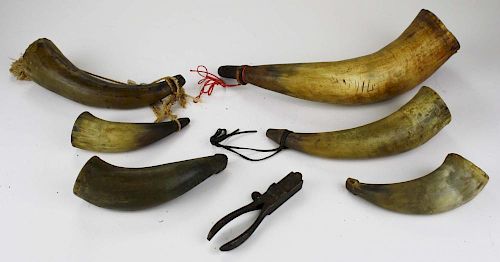 6 early powder horns & priming horns, lengths 5”- 12”, sold with an early bullet mold