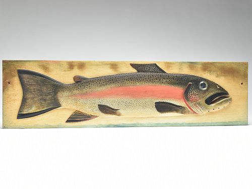 Very rare and exceptionally well carved fish plaque of a rainbow or cutthroat trout, Oscar Peterson, Cadillac, Michigan.