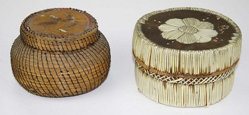 2 Native American birch bark containers- Mi'kmaq rd box w/ quill decoration, dia 4.5”, rd pine needl
