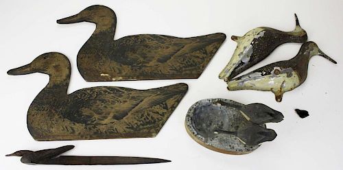 tin shore bird decoy, 2 folding duck decoys, Canada Geese carved group ashtray