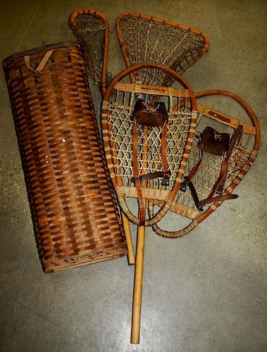 snowshoes, 2 Lacross sticks, & unusual pack basket