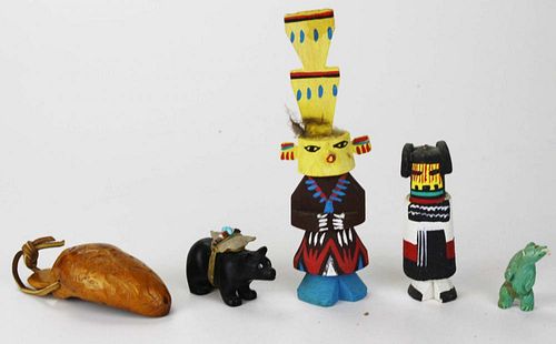 2 small SW carvings, 2 small Hopi kachinas, small wooden dipper, lengths 2”- 7”