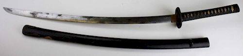 18th C Edo Period Samurai Katana, signed, single hole tang, early iron Tsuba, hark skin wrapped grip