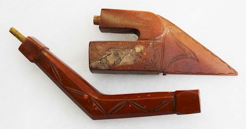 19th c Eastern Sioux engraved European style Catlinite 2 part pipe w old Nebraska label, made for th