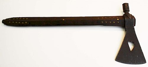 late 19th c Great Plains pipe tomahawk w/ heart cut-out, raised geometric decoration, bored ash stem