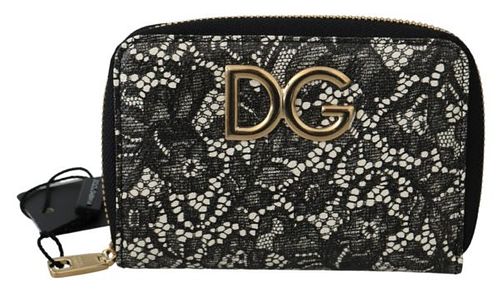BLACK WHITE FLORAL LACE LEATHER ZIP AROUND WALLET
