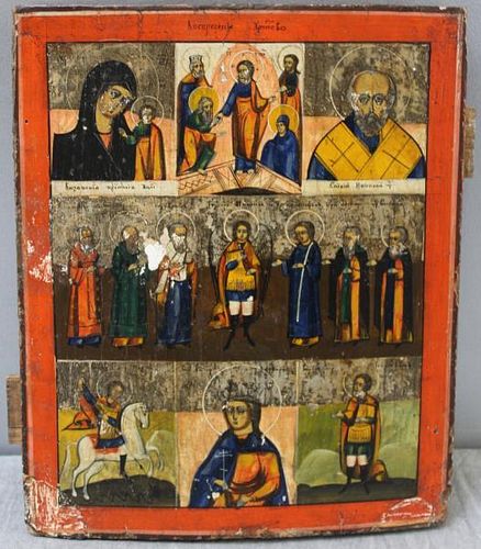 Antique Painted Russian Icon on Wooden Panel.