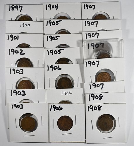 22 MIXED DATE INDIAN CENTS, ALL CIRC 1897-1908