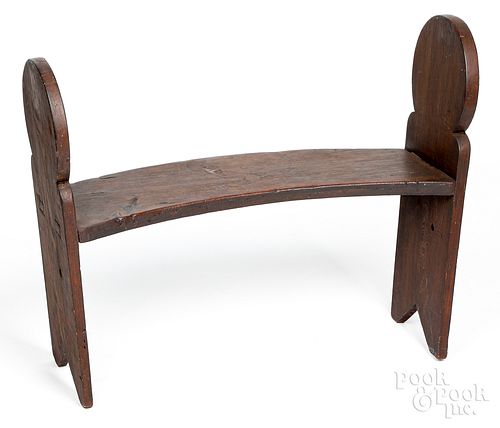 Unusual crescent form pine bench, 19th c.