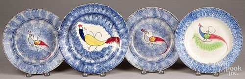 Four blue spatter peafowl plates
