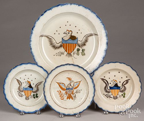 Four pearlware blue feather edge plates