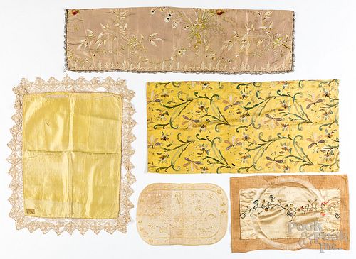 Five silk needlework panels, 19th/early 20th c.