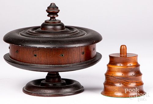 Turned lidded sewing box and needle stand