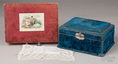 Velvet covered sewing box with bone implements