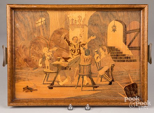 Wooden tray with pub scene