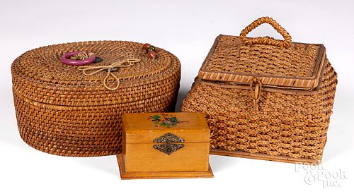 Small wooden sewing box and two sewing baskets
