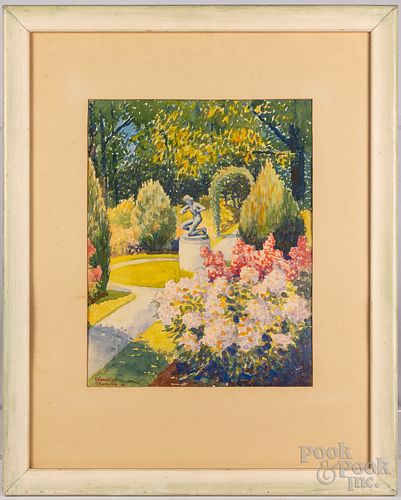 Watercolor on paper of a statuette in a garden