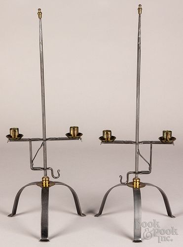 Pair of wrought iron and brass candleholders