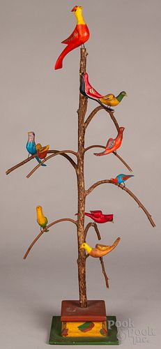 Large contemporary carved and painted bird tree