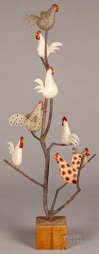 John Carlton carved and painted chicken bird tree