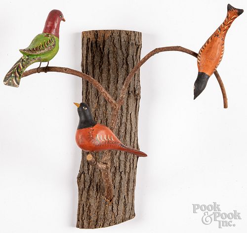 Contemporary carved and painted bird tree sconce