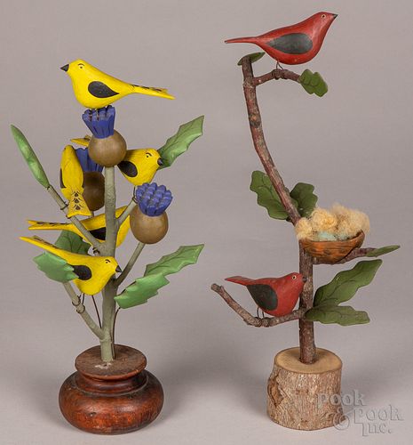 Two John Carlton carved and painted bird trees