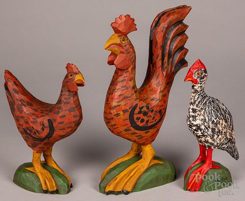 Three Johnathan Bastian carved and painted birds