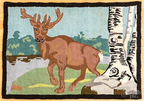 Hooked rug of a stag and birch trees, mid 20th c.