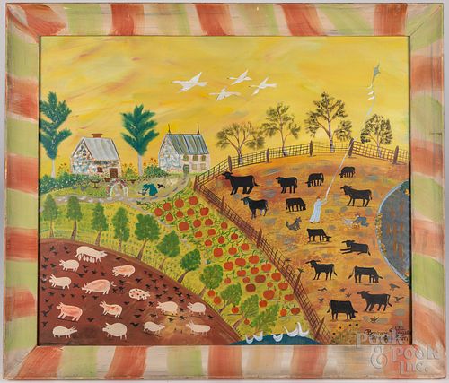 Large Barbara Strawser watercolor farm scene