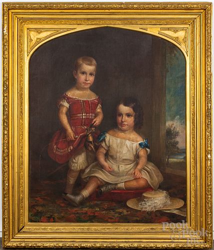 Victorian oil on canvas portrait of two children