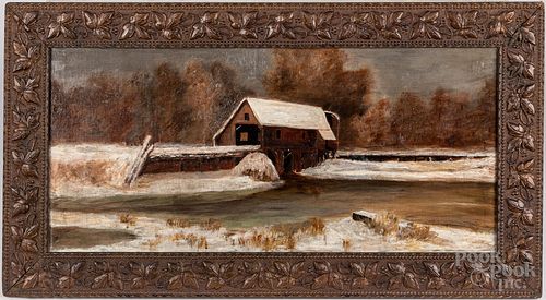Oil on artist board landscape with a mill, 19th c.